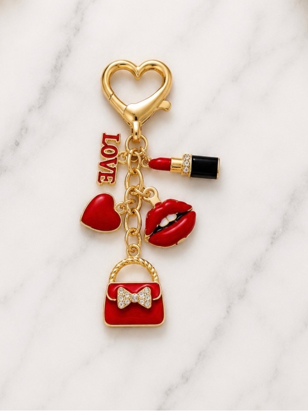 Bag Charm/Keyring-Gold-Tone Red Lipstick & Purse Charms on Gold Hardware